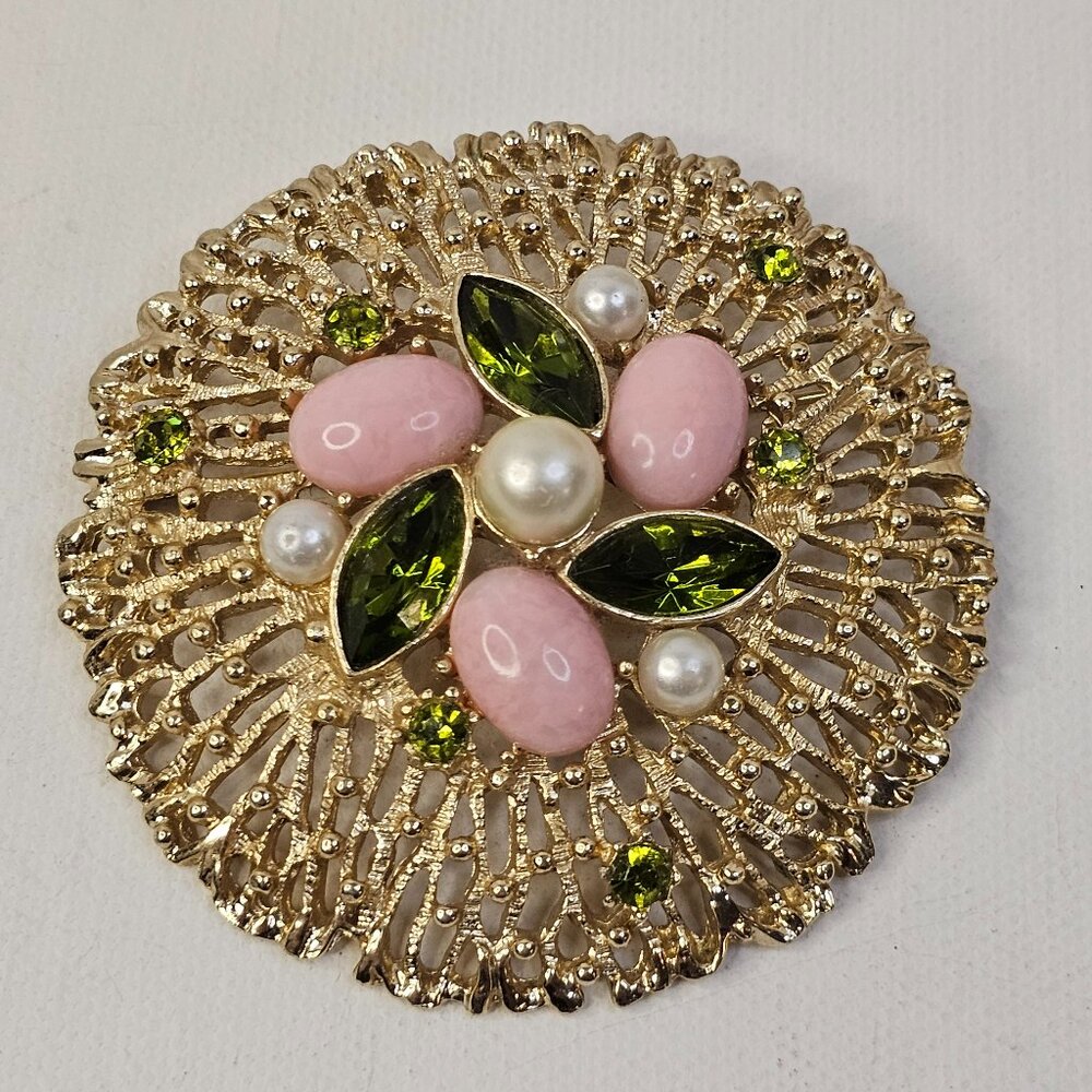 Sarah Coventry Domed Gold Tone Brooch Pink Cabochons Green Rhinestone Faux Pearl